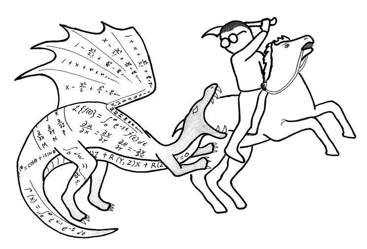 Dibujo de una lucha entre un caballero y un dragón, que tiene dibujadas ecuaciones en su cuerpo